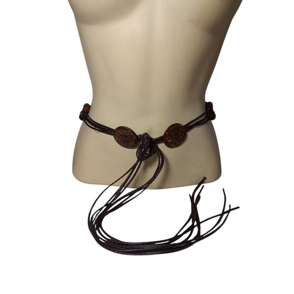 Belt Tie On Hippie Boho Brown Beaded & Buttons Alternating Leather String 36\